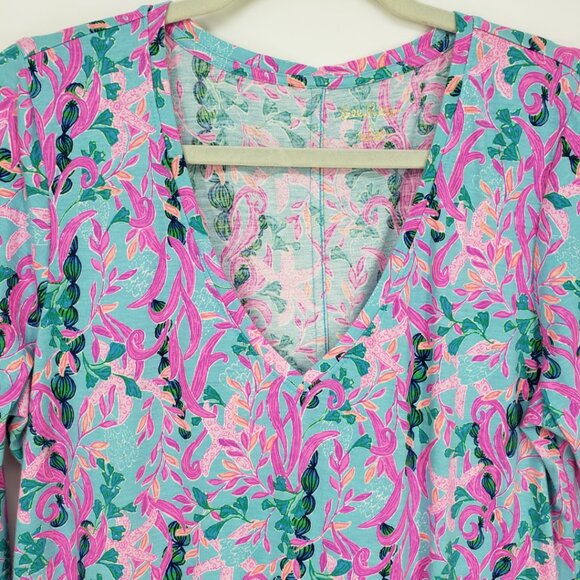 Lilly Pulitzer Tessa Shift T Shirt Dress L Seaweed Samba Cotton V Neck Pink Blue - Picture 7 of 11